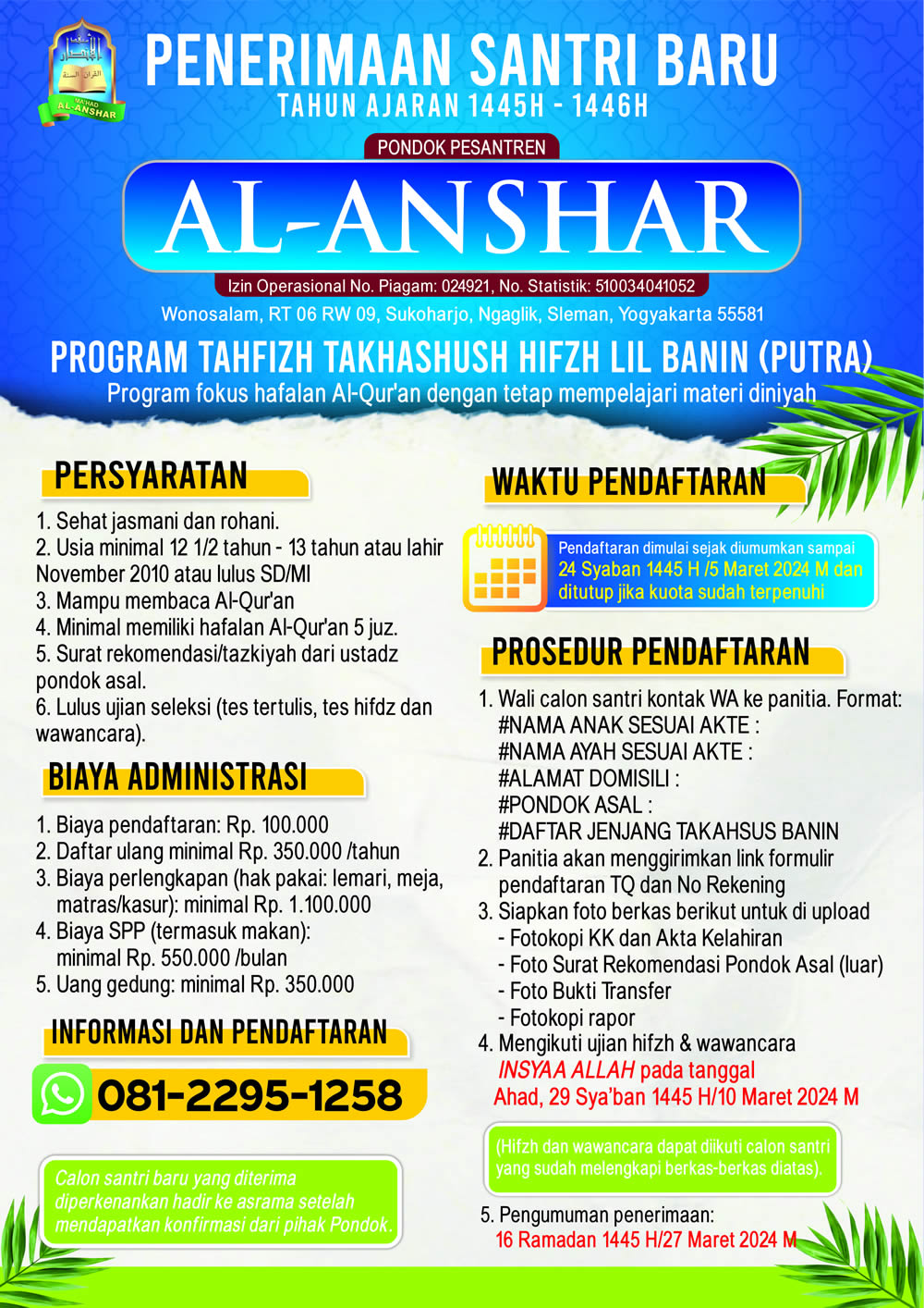 Penerimaan Santri Baru - Program Tahfizh Takhashush Hifzh Lil Banin